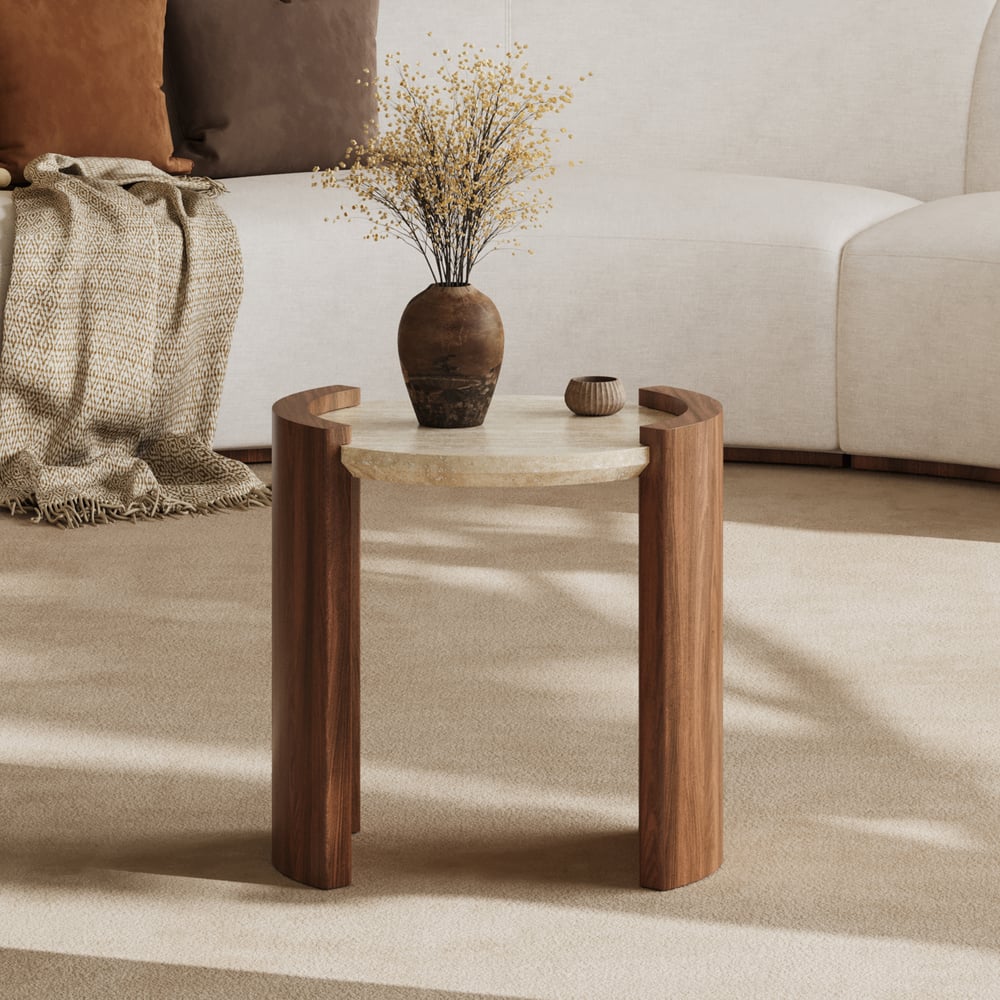 Table d'appoint ronde en noyer de 20 pouces avec plateau en travertin image de fenêtre