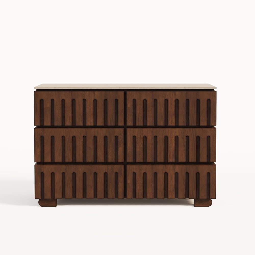Commode moderne de 47 po en bois de frêne à 6 tiroirs avec dessus en pierre frittée imitation travertin image de fenêtre