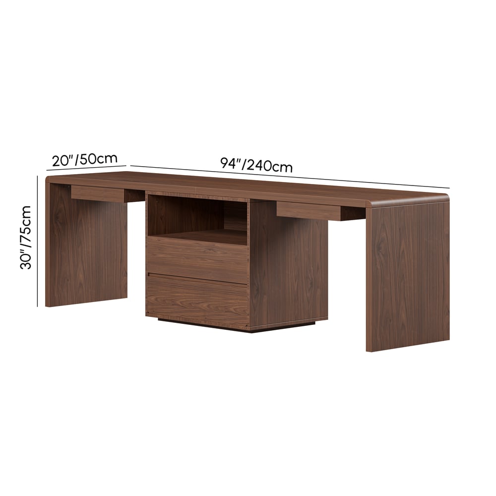Walnut Double Desk with Drawers & 2 Black PU Leather Modern Home Office Chairs weights dimensions image