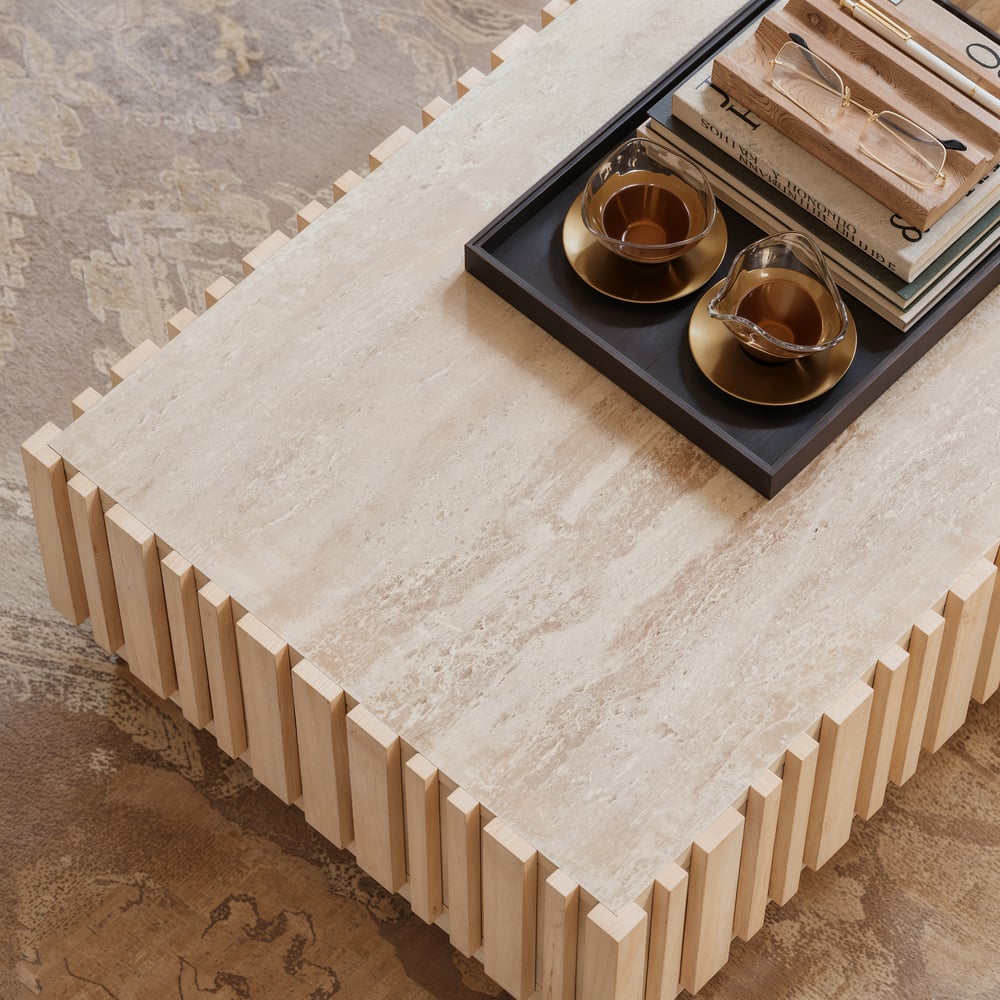 Aura 47" Ash Wood Slatted Coffee Table with Sintered Stone Top window image