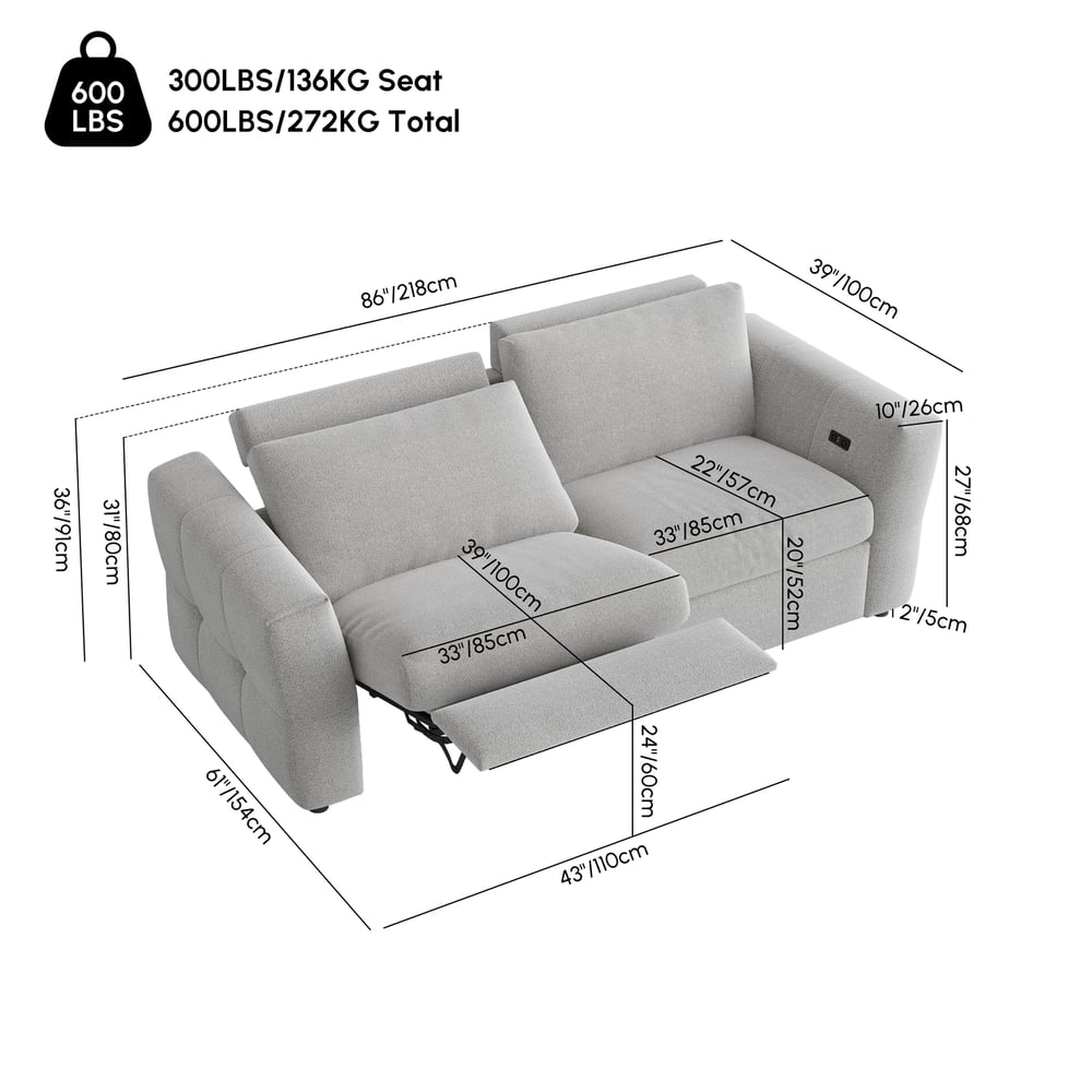 Glidio Chenille Power Reclining Sofa with Adjustable Headrests weights dimensions image