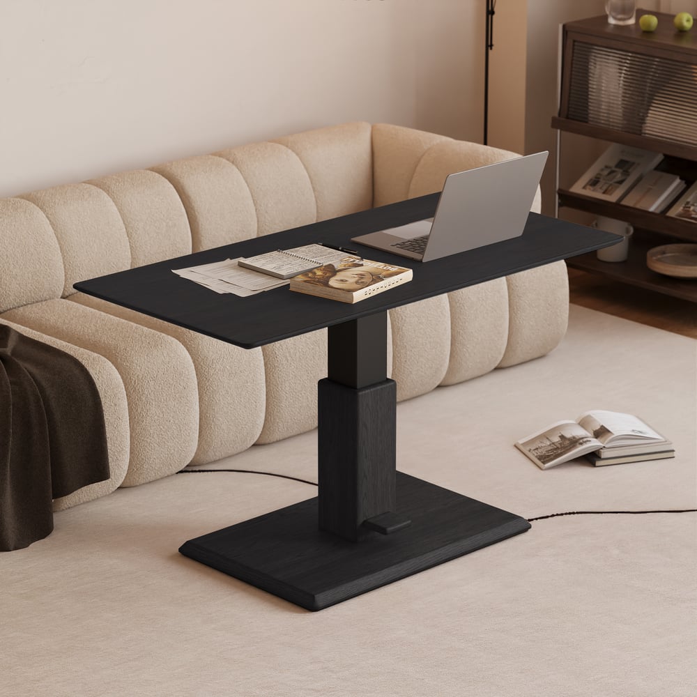 Table basse moderne de 119 cm en placage de bois noir, réglable en hauteur avec commande au pied image de fenêtre