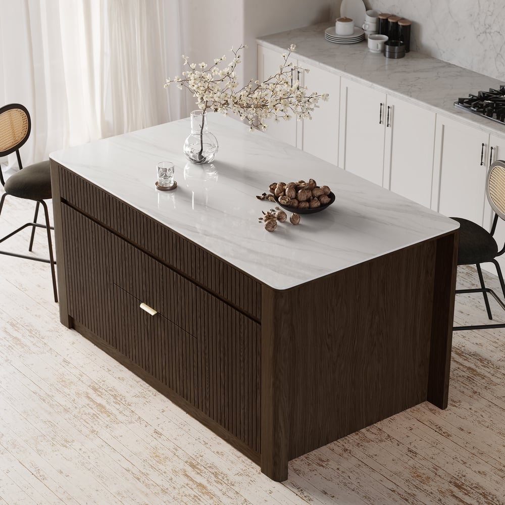 Mid-Century 72" Glossy Sintered Stone Kitchen Island with Storage, Smoky Brown window image