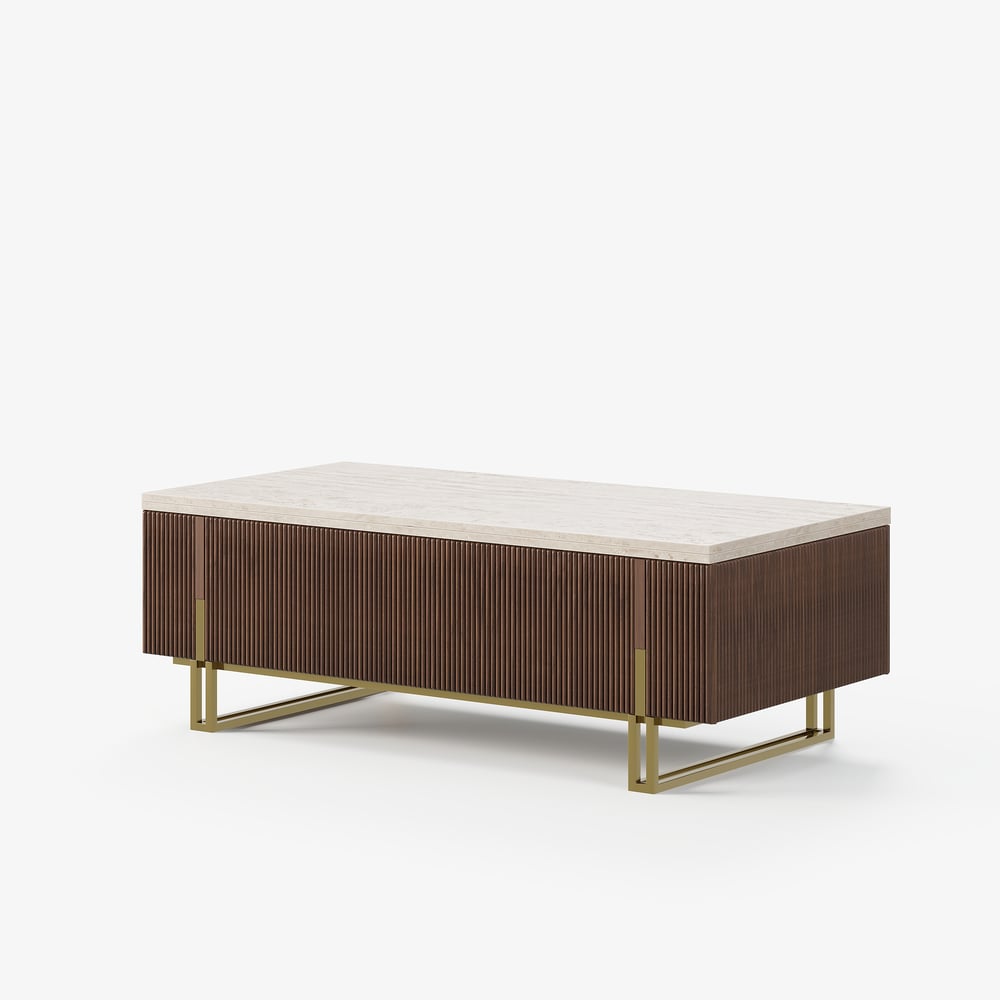 Table basse relevable Grovyn de 47,2" avec finition cannelée et 2 tiroirs image de fenêtre