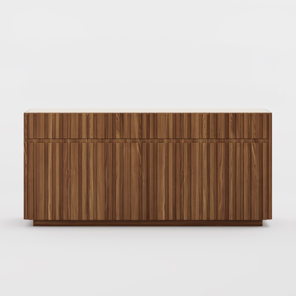 Aura 65" Ash Wood Slatted Walnut TV Stand with Sintered Stone Top window image