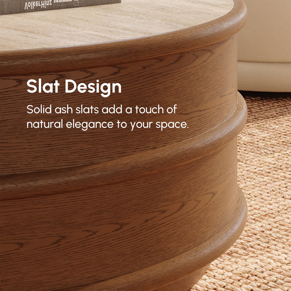 36" Ash Wood Round Coffee Table with Sintered Stone Top window image