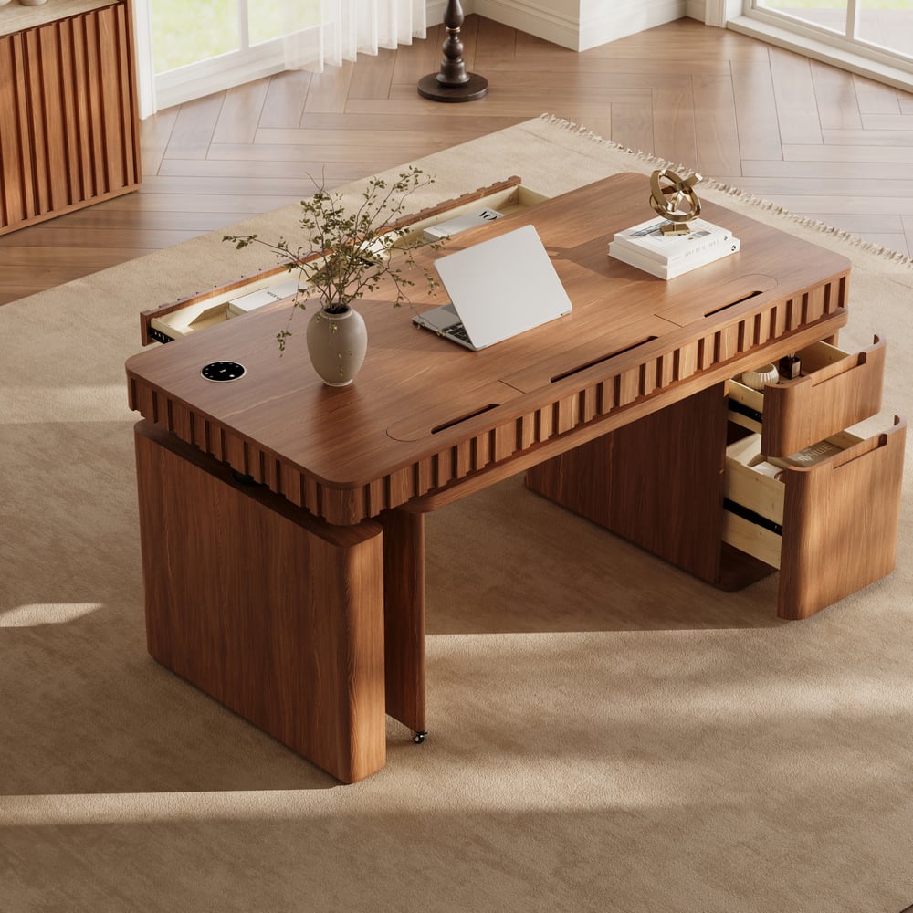 Aura 63" Walnut Flutted 360-Degree Rotating Desk Electric Adjustable Standing Desk window image