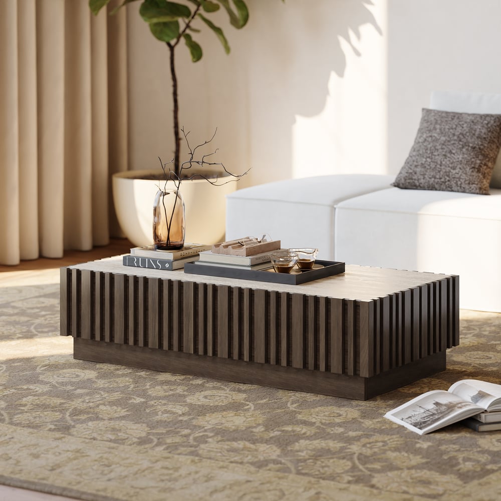 Aura 47" Ash Wood Slatted Coffee Table with Sintered Stone Top window image