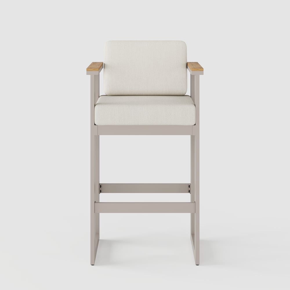 Tevara Outdoor Aluminum Frame & Teak Wood Armrest Bar Stools in Sand, Set of 2 window image