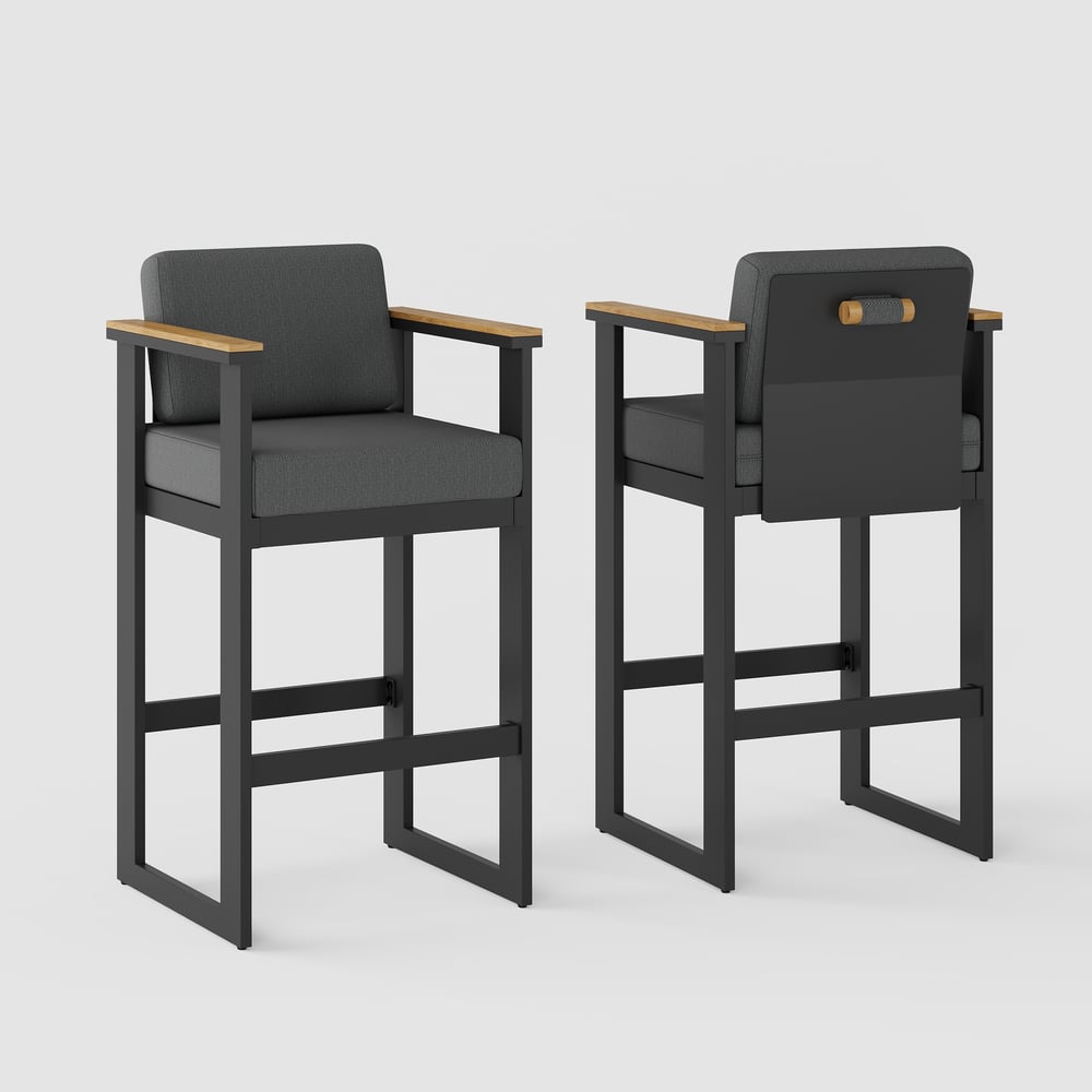 Tevara Outdoor Aluminum Frame & Teak Wood Armrest Bar Stools in Dark Gray, Set of 2 window image