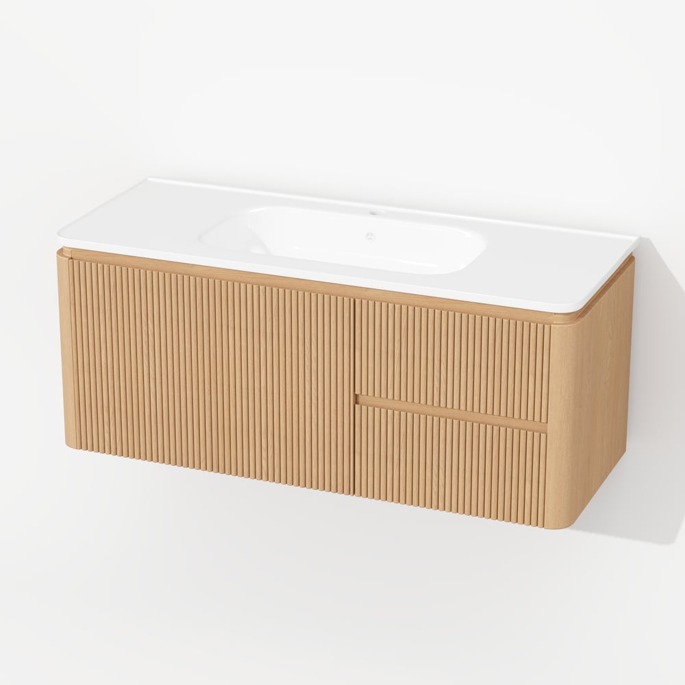 Moderní 119 cm plovoucí rýhovaná koupelnová skříňka s umyvadlem, měkkým LED osvětlením a dostatkem úložného prostoru obrázek okna