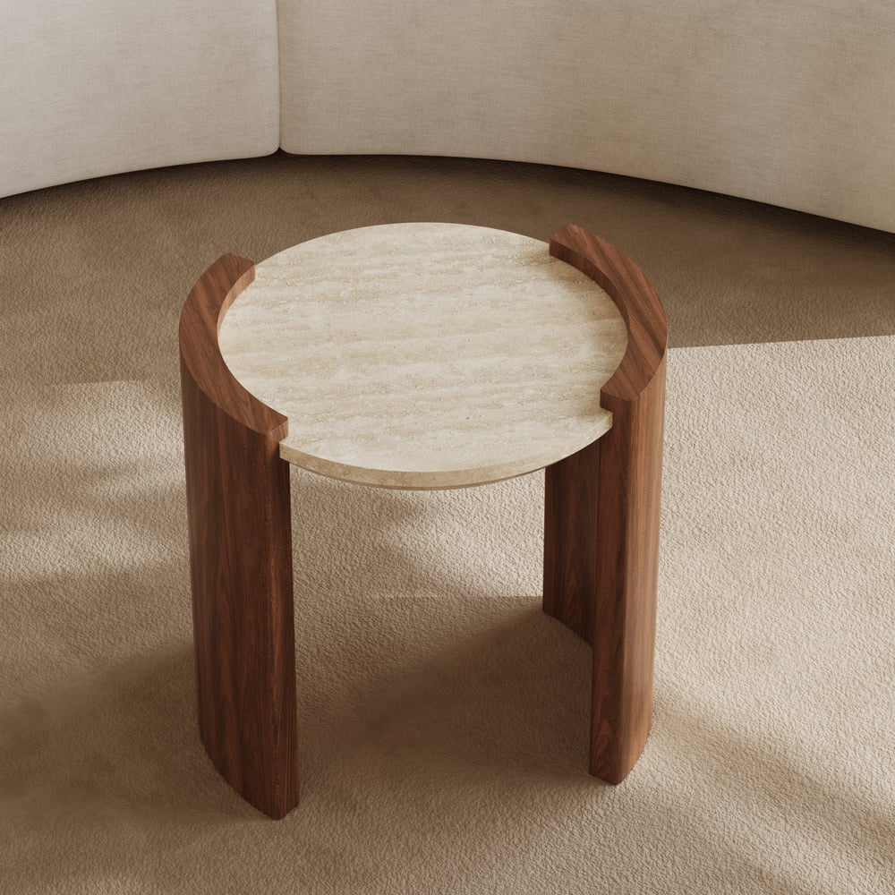 Table d'appoint ronde en noyer de 20 pouces avec plateau en travertin image de fenêtre
