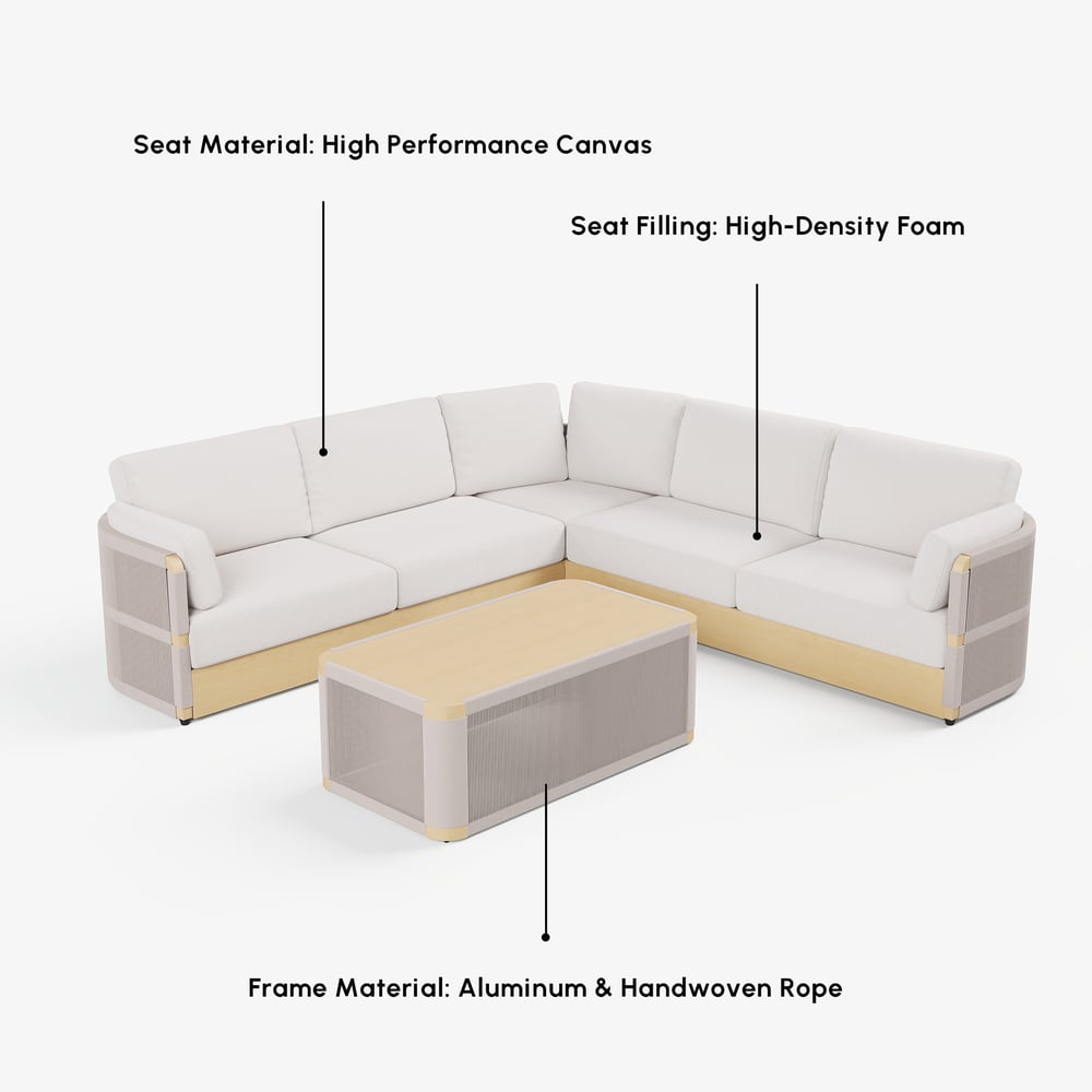 Costra Handwoven Rope L-Shaped Outdoor Sofa with Coffee Table in Ivory window image