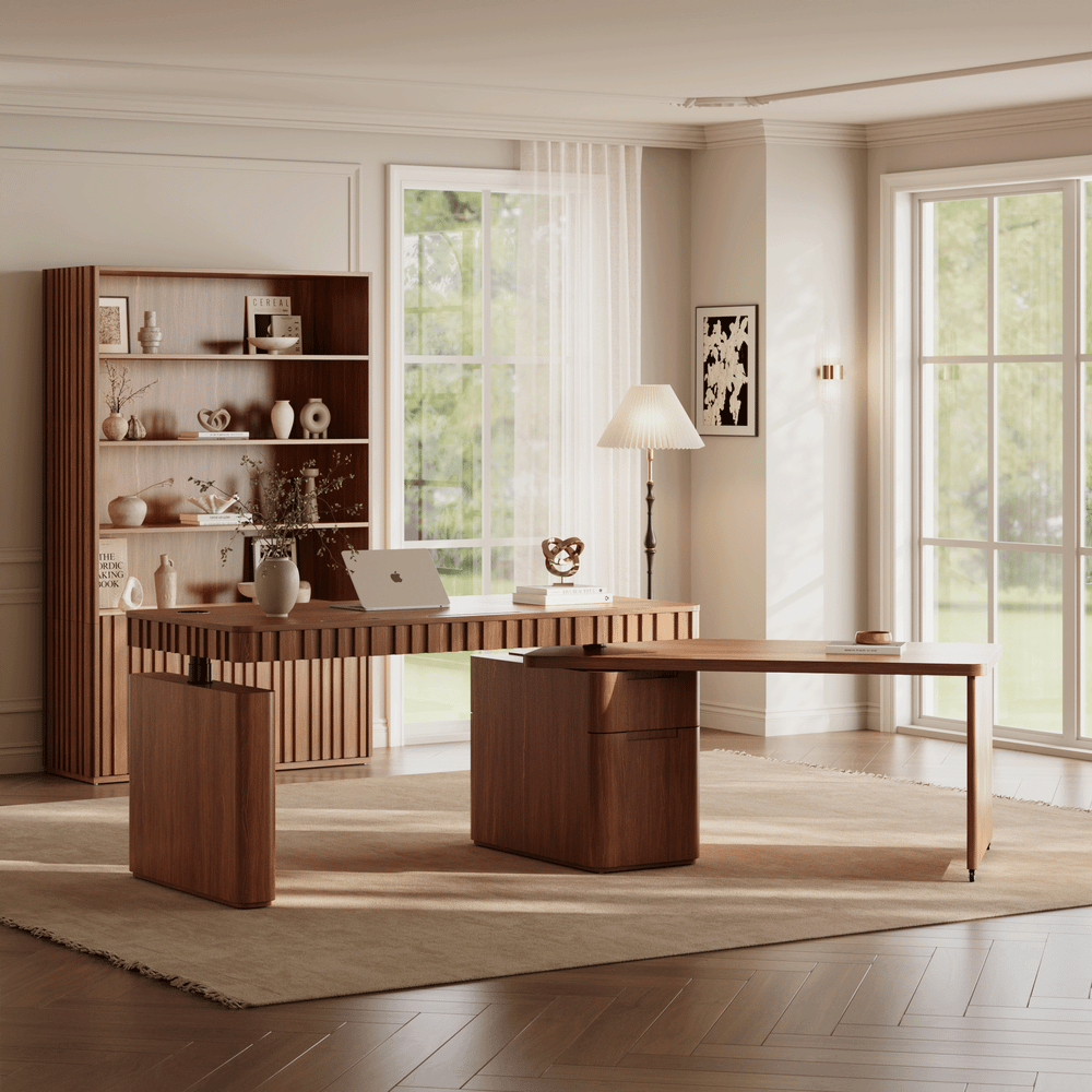 Aura 63" Walnut Flutted 360-Degree Rotating Desk Electric Adjustable Standing Desk window image