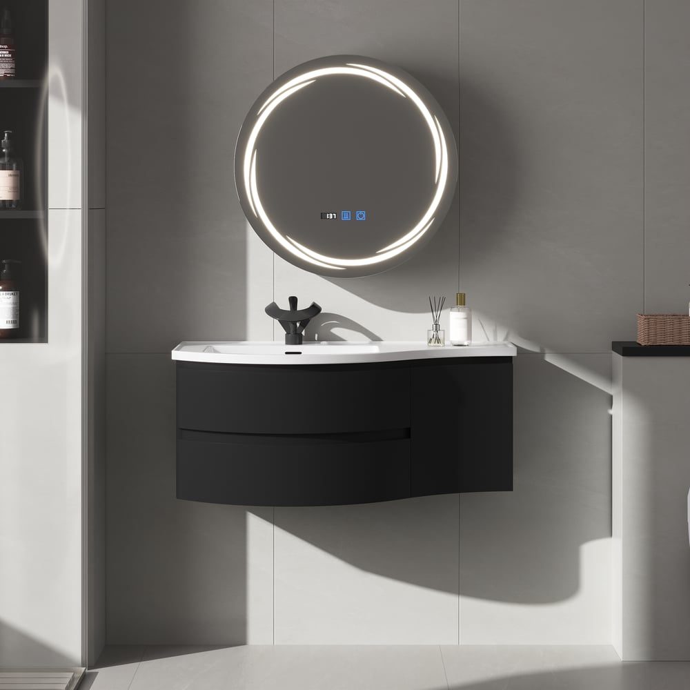 60cm Runder Schwarzer LED-Spiegelschrank mit Stauraum, Beschlagfrei, Dimmbar Schaufensterbilder