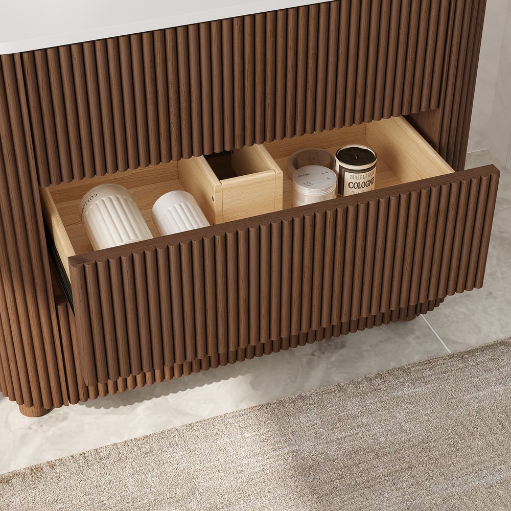 80cm Fluted Freestanding Bathroom Vanity with Vessel Sink, 3-Drawers, Sintered Stone top window image