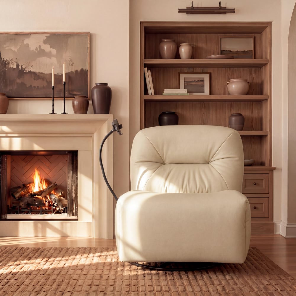 Genuine Leather Power Swivel Rocker Recliner Accent Chair with Phone Holder window image
