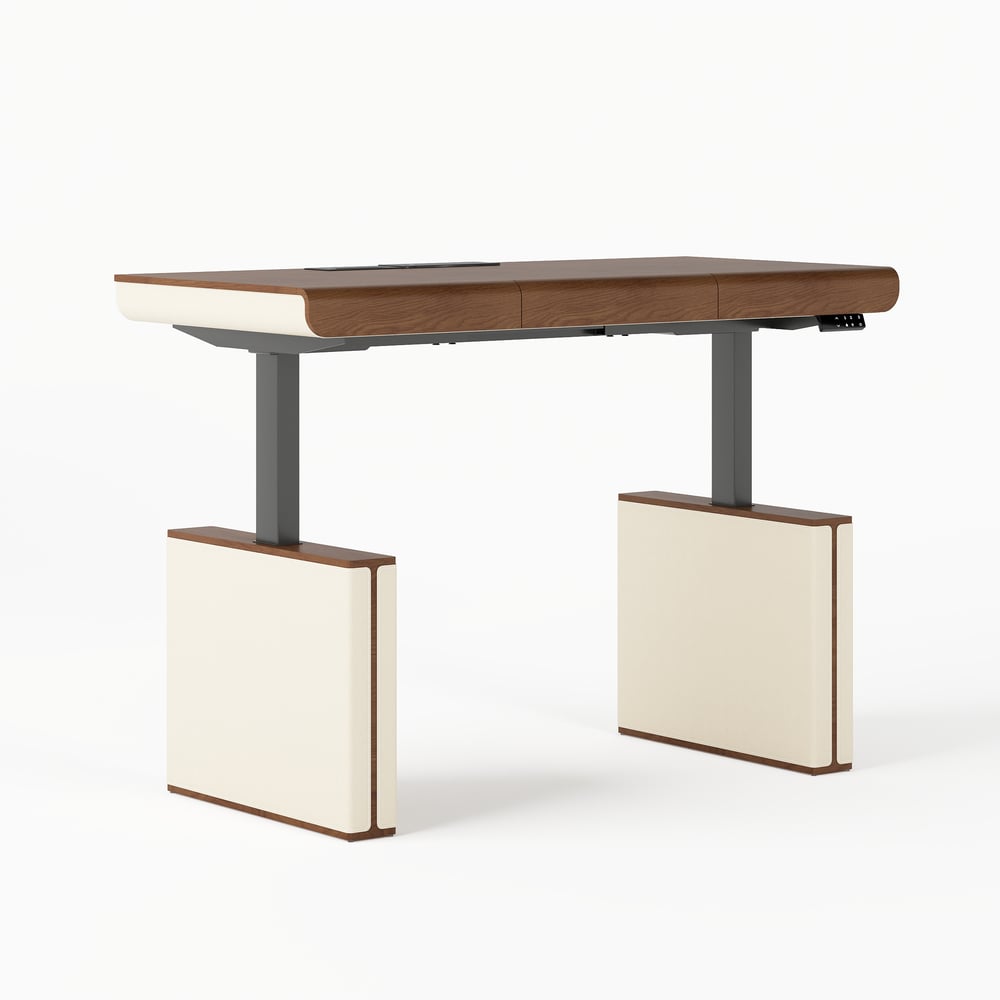 160 cm Height Adjustable Electric Standing Desk with Walnut Top and Leather-Wrapped Legs window image