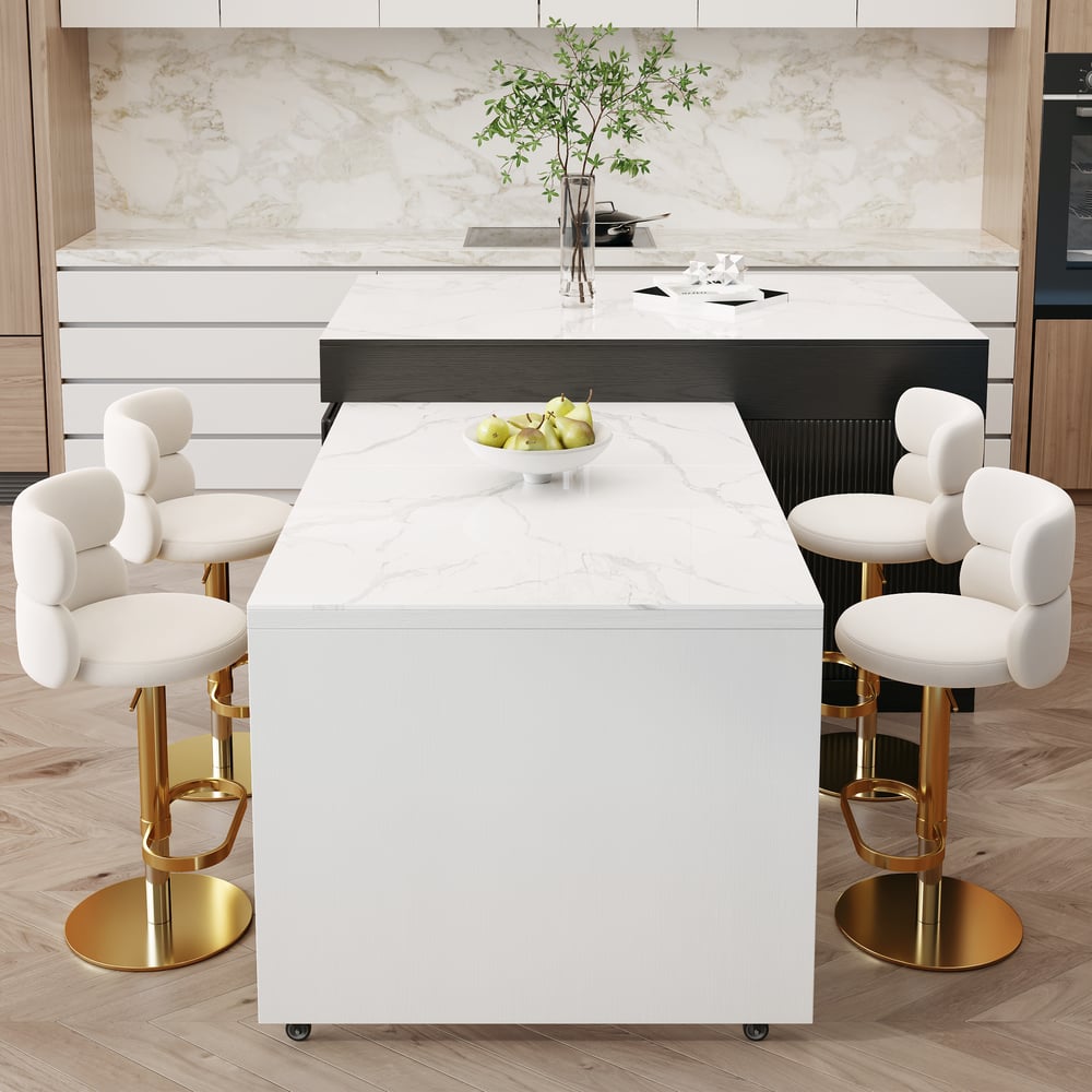 81"–112" Modern Extendable Glossy Sintered Stone Kitchen Island with Storage, White & Black window image
