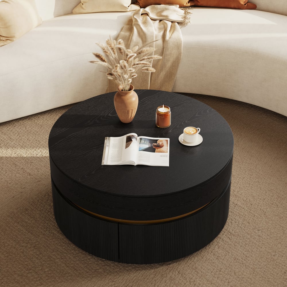 Table basse ronde à plateau relevable cannelé de 32 pouces avec 2 tiroirs image de fenêtre