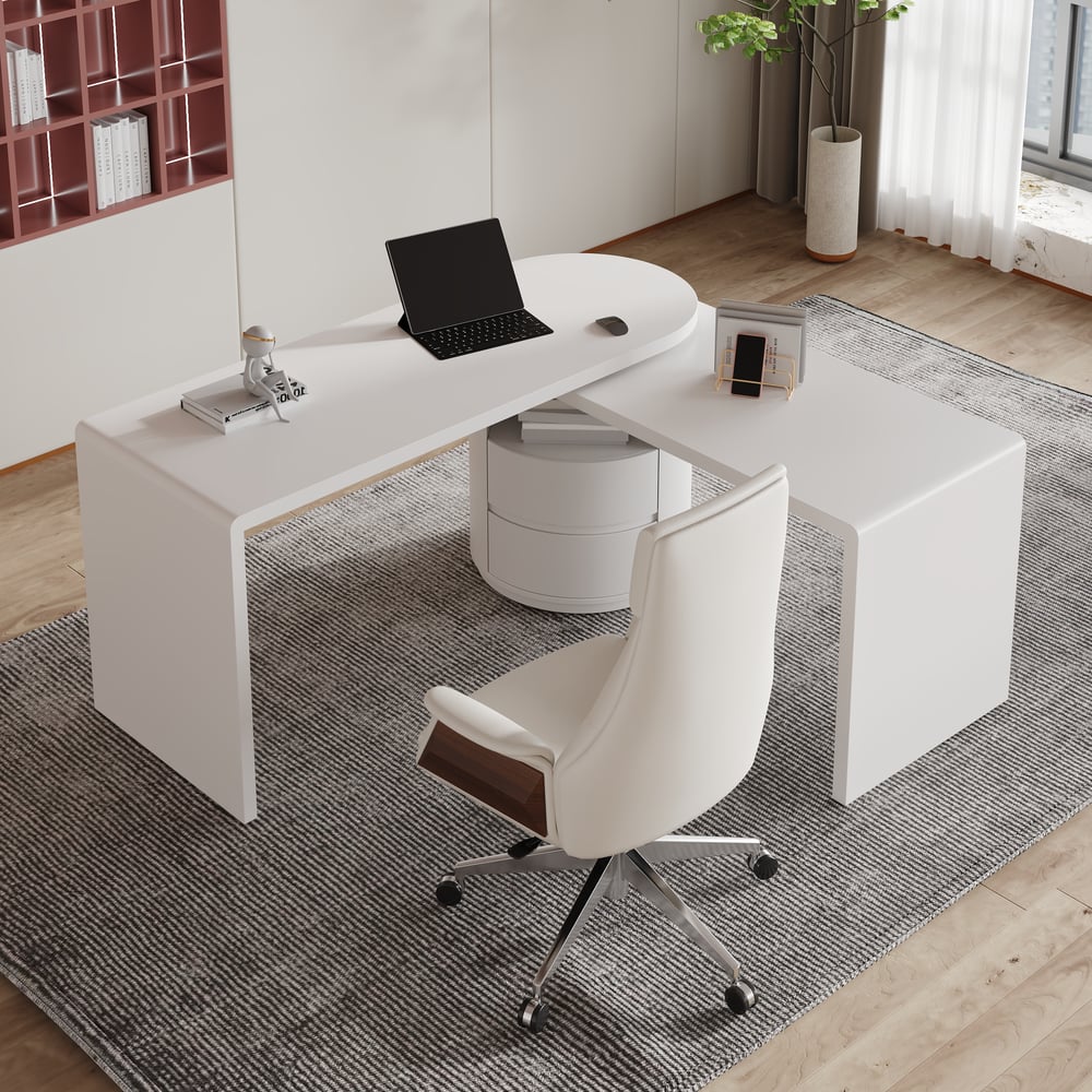 Modern 60" L-Shaped Matte Warm White Executive Desk with Drawers, Rotating Design window image