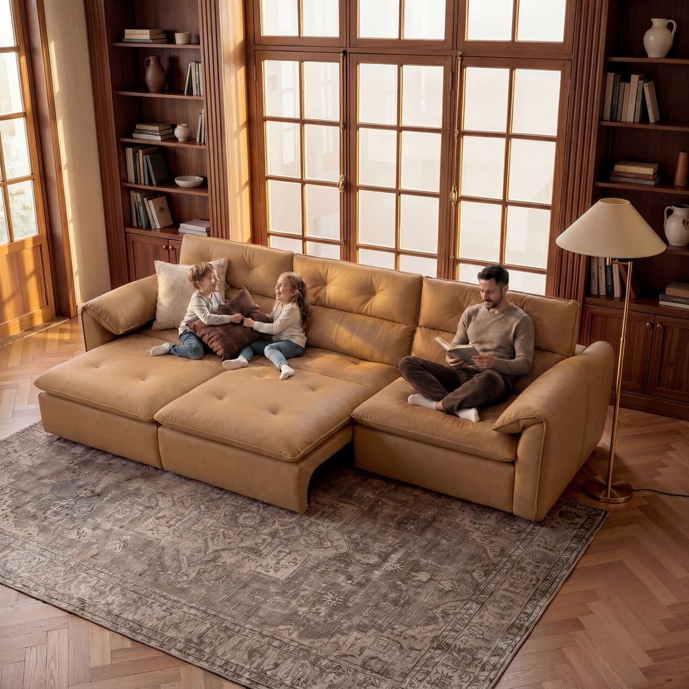 320 cm 3-Seater Genuine Leather Power Convertible Sleeper Sofa with Adjustable Headrests window image