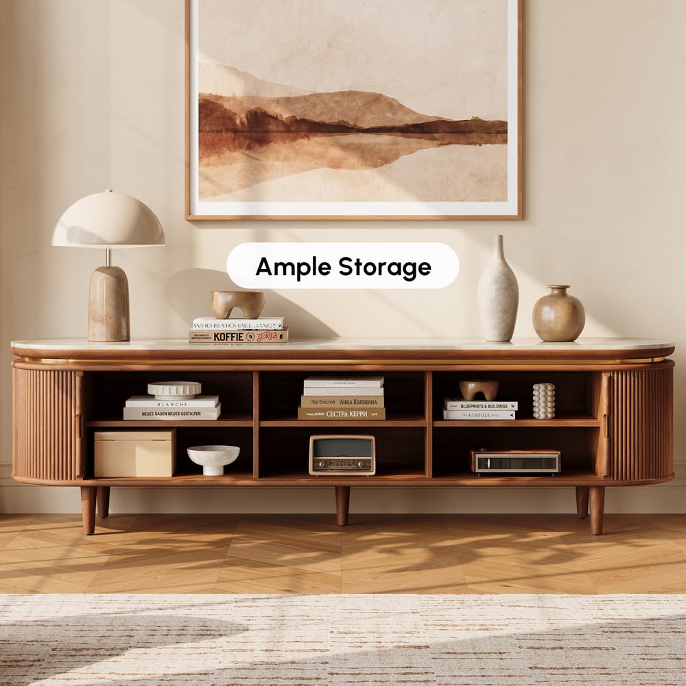 79" Ash Wood Walnut Fluted TV Stand with Sintered Stone Top window image