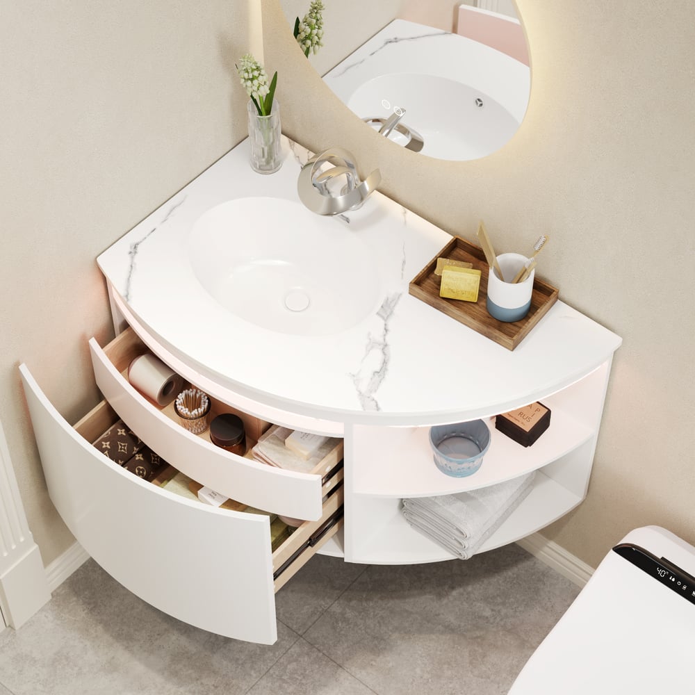 Meuble de salle de bain d'angle de 36 pouces avec rangement et éclairage LED à capteur image de fenêtre