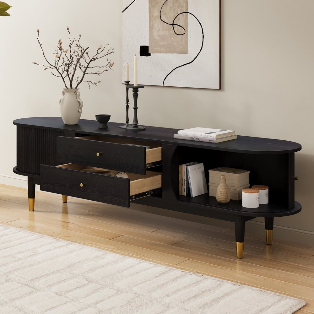 80" Ash Wood Fluted Black TV Stand with Storage window image