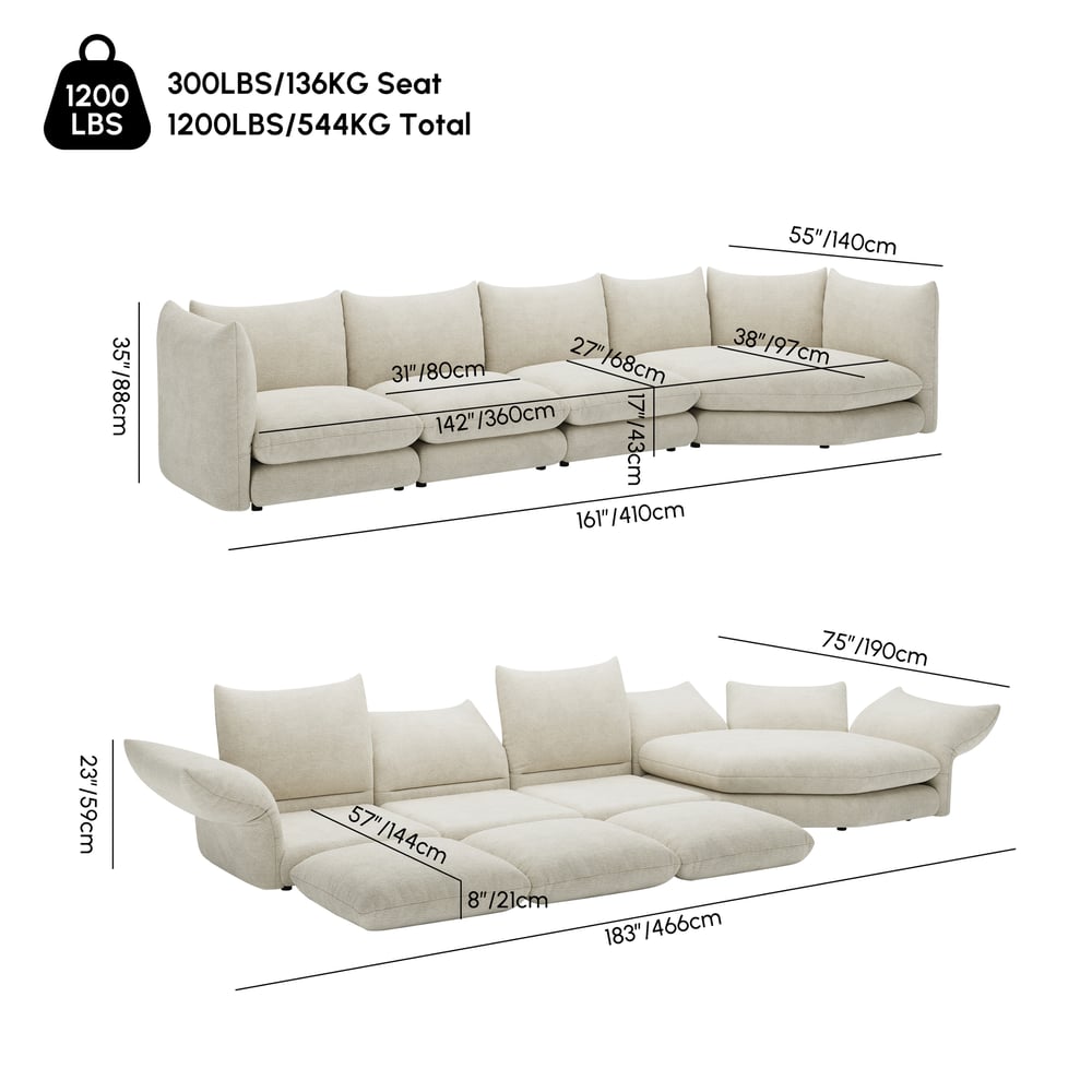 161" 4-Piece Chenille Sectional Sofa with Chaise and Adjustable Armrests & Backrest weights dimensions image