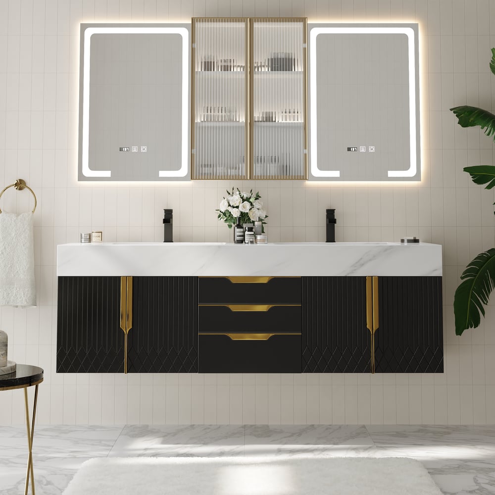 59" Double Sink Floating Vanity Set with LED Medicine Cabinet with Storage window image