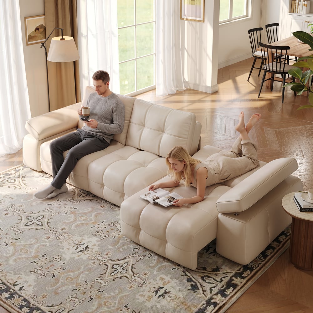 130" 3-Seater Genuine Leather Power Convertible Sleeper Sofa with Adjustable Armrests window image