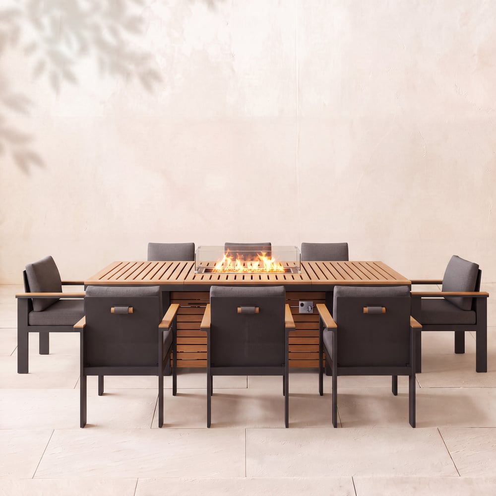 Tevara 9 Pieces Outdoor Dining Set with Propane Fire Pit Table & Aluminum Armchair window image