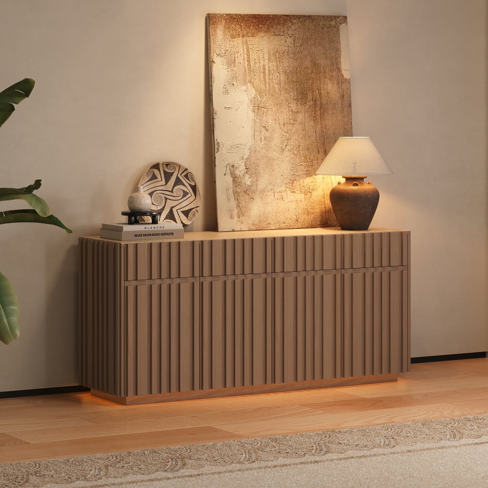 Aura 65" Ash Wood Slatted Natural TV Stand with Sintered Stone Top window image