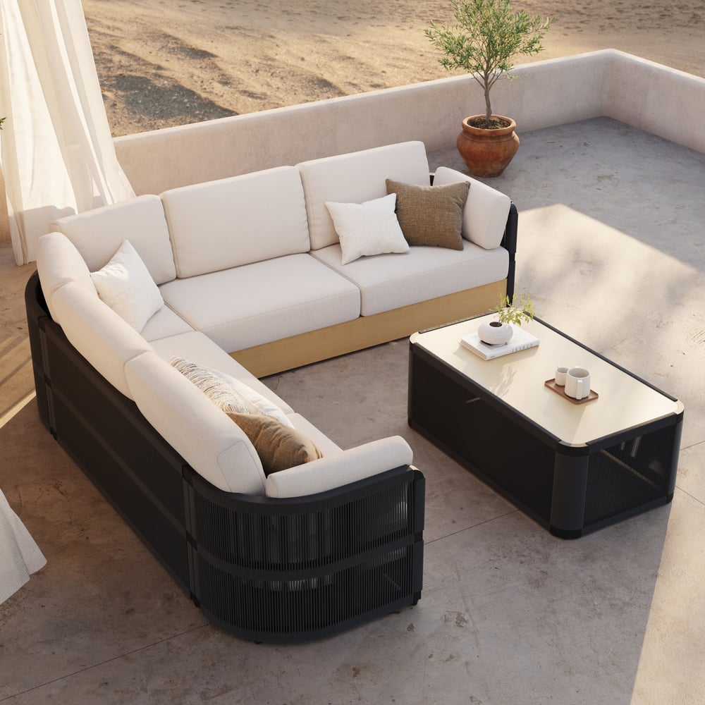 Costra Handwoven Rope L-Shaped Outdoor Sofa with Coffee Table in Black window image