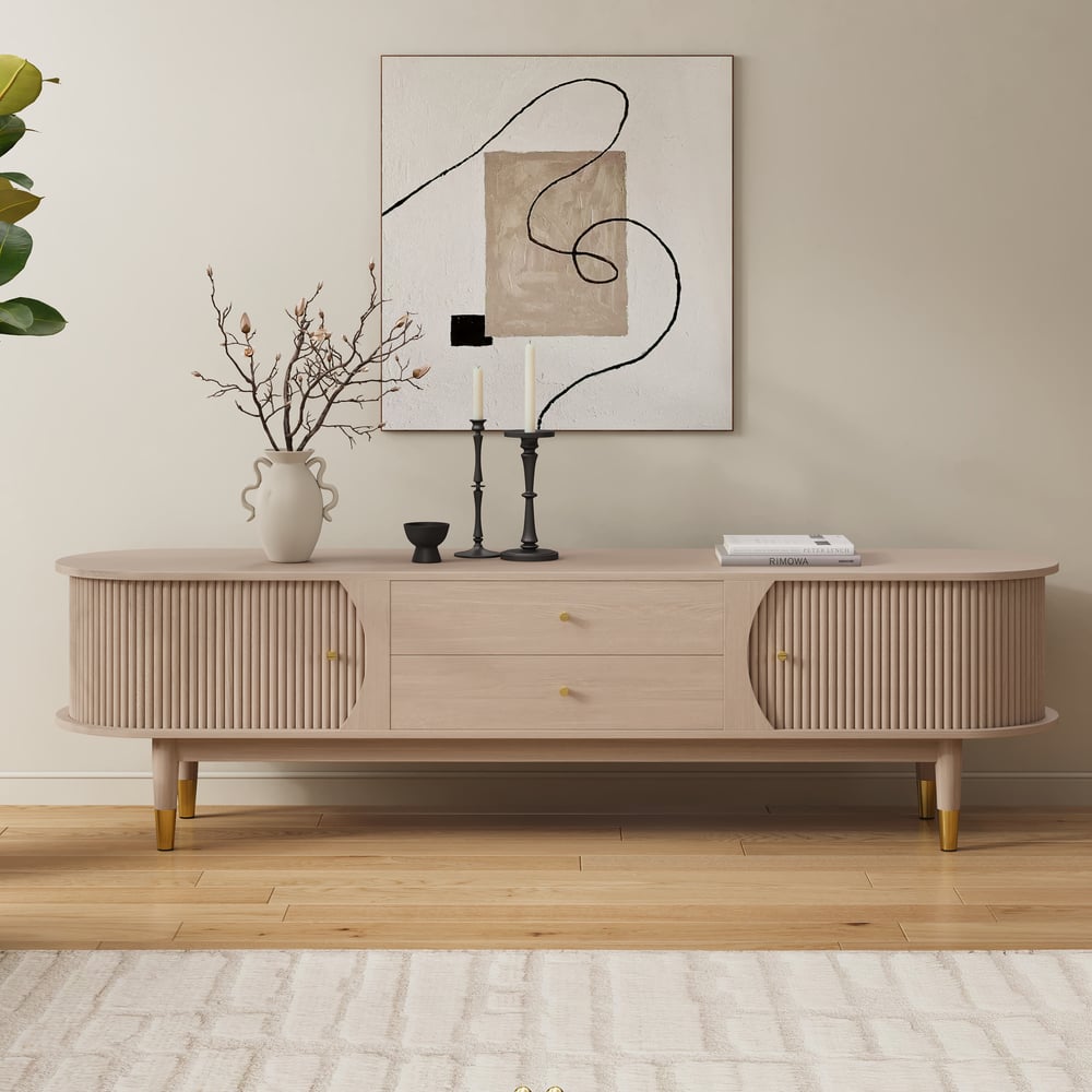 80" Ash Wood Fluted Whitewash TV Stand with Storage window image