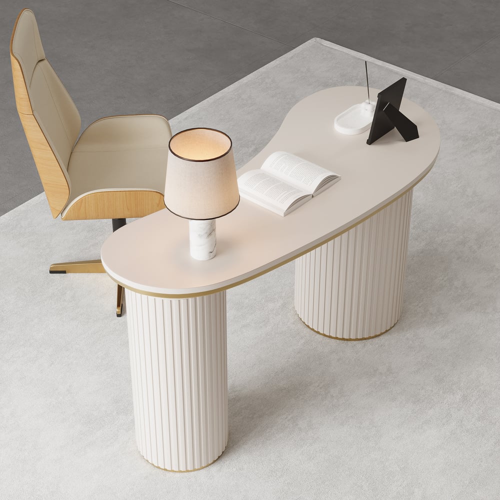 Warm White Curved Wooden Office Desk & Adjustable Swivel Executive Chair in Beige & Gold window image