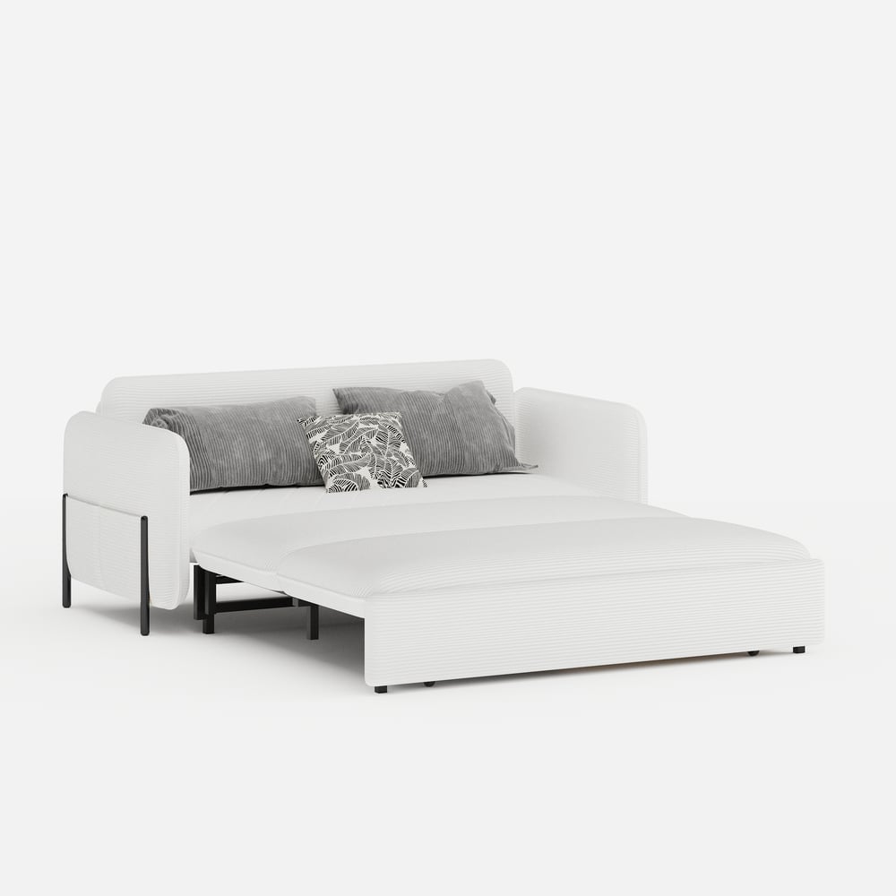 Canapé convertible lit 172 cm 2 places velours côtelé blanc avec rangement et coussins image de fenêtre