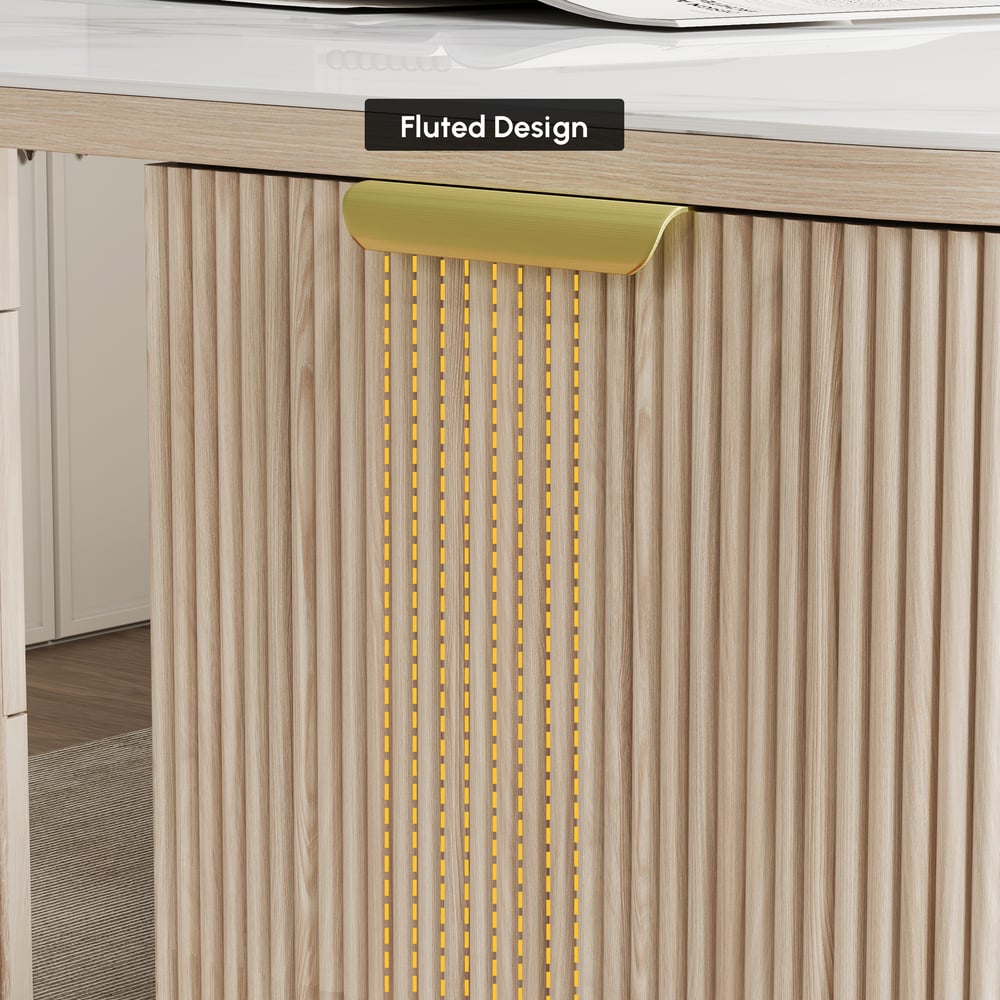 Modern Wash White Ash Wood & Sintered Stone Rectangle Desk with 6 Drawers (63.8") window image