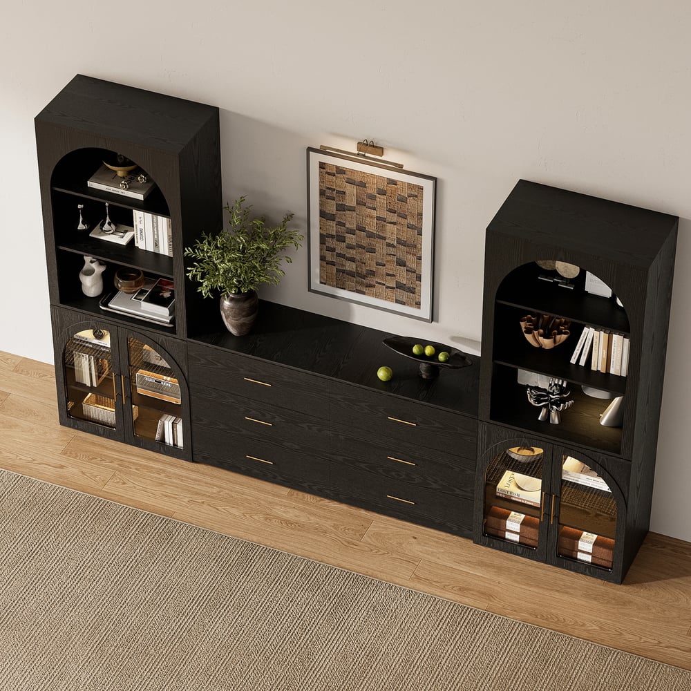 Arune 126"  Arched Glass Door 3-Piece Entertainment Center with Bookshelf window image