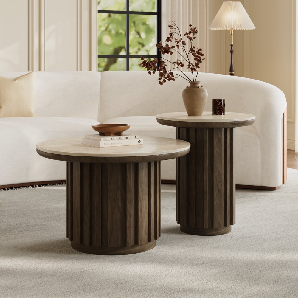 Aura 2 Piece Set Ash Wood Slatted  Round Coffee Table with Sintered Stone Top(20" - 28") window image