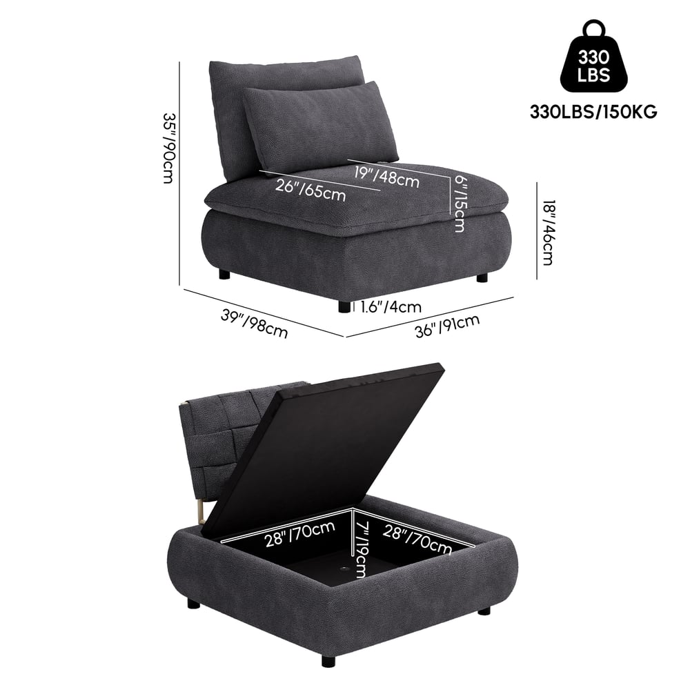 36" Chenille Slipper Accent Chair with Hidden Storage & Removable Backrest weights dimensions image