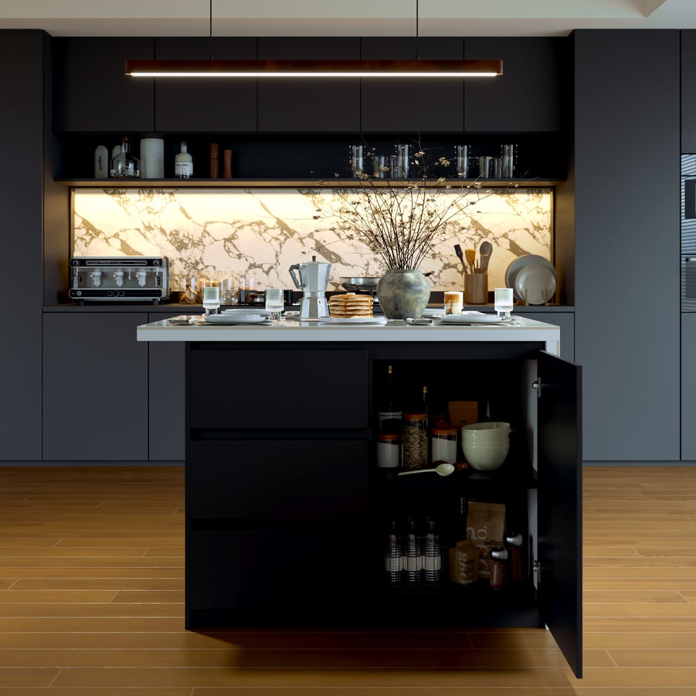 Modern 1270 mm Glossy Sintered Stone Kitchen Island with Storage, White & Black window image