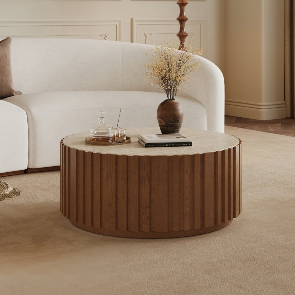 Aura 35" Ash Wood Slatted Round Coffee Table with Sintered Stone Top window image