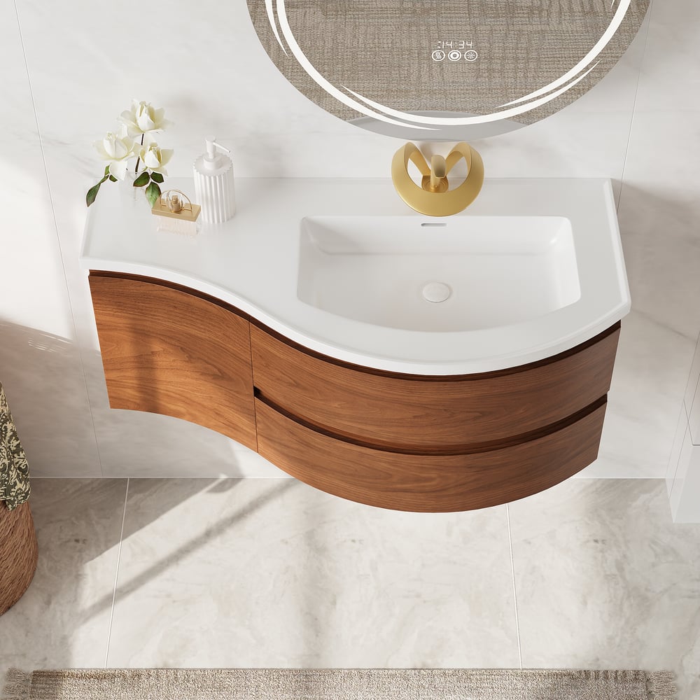 Floating Curved Bathroom Vanity & Round LED Medicine Cabinet Set Right Offset window image