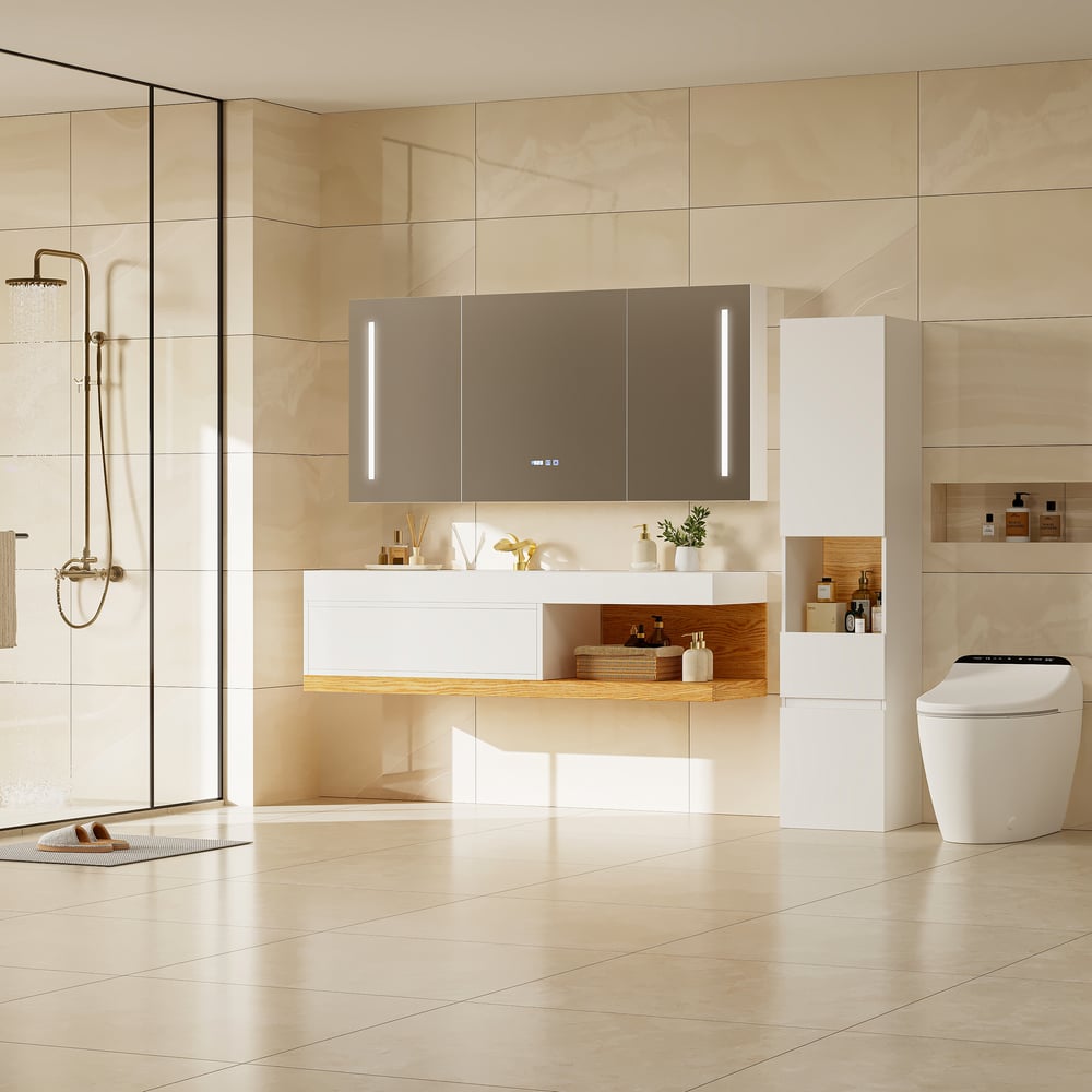 59" LED Bathroom Medicine Cabinet with Anti-Fog, Dimmable Tri-Color Lighting window image