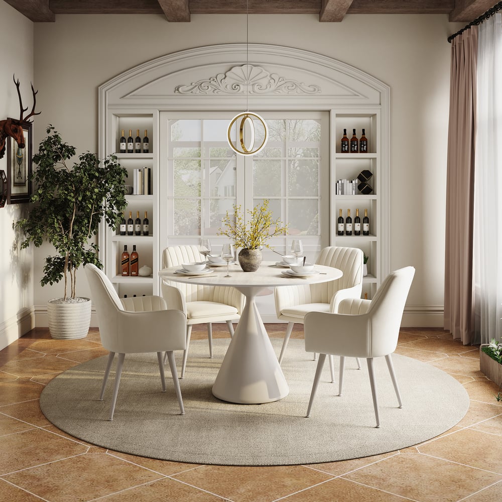 Table à manger ronde moderne en pierre frittée de travertin mat de 99 cm, 2 places image de fenêtre