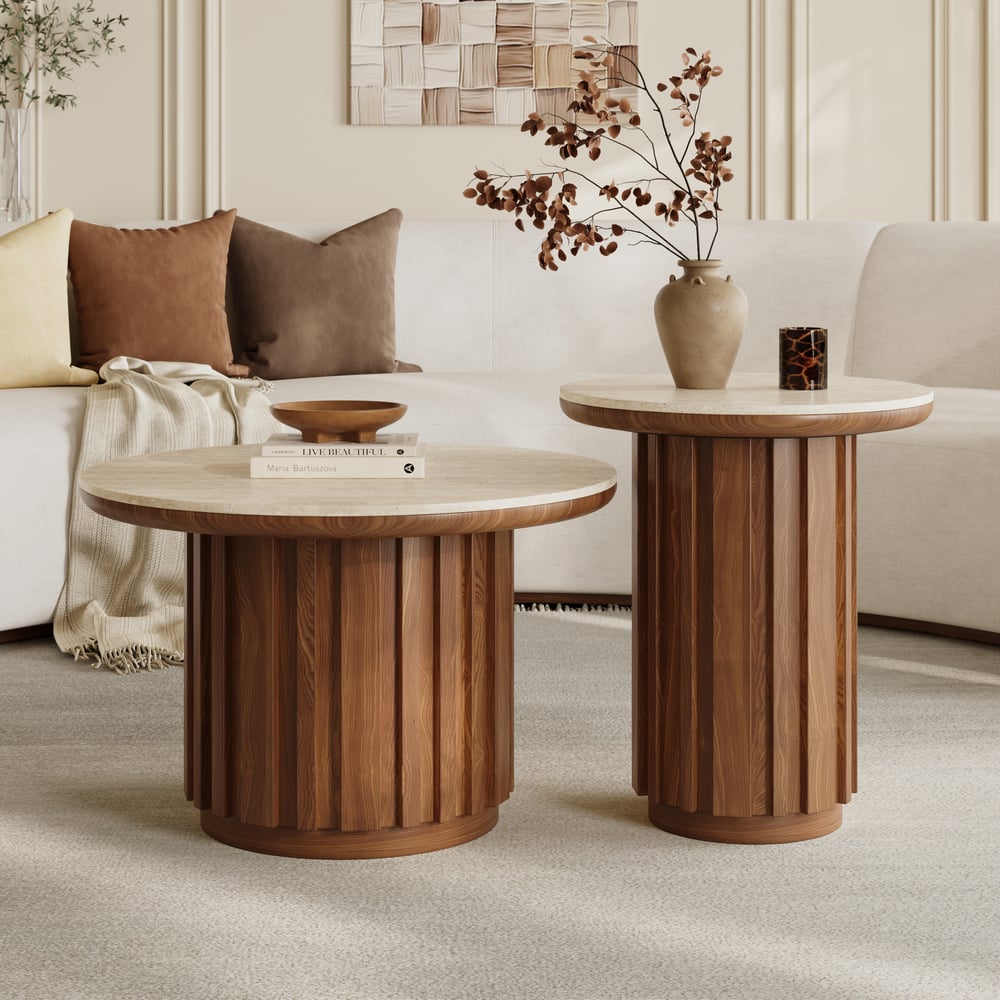 Aura 2 Piece Set Ash Wood Slatted  Round Coffee Table with Sintered Stone Top(20" - 28") window image