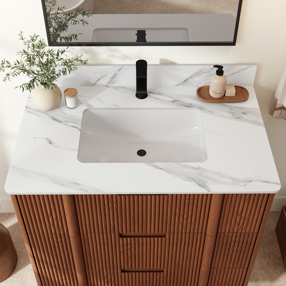 36" Fluted Single Bathroom Vanity with Sink and Sintered Stone Top window image
