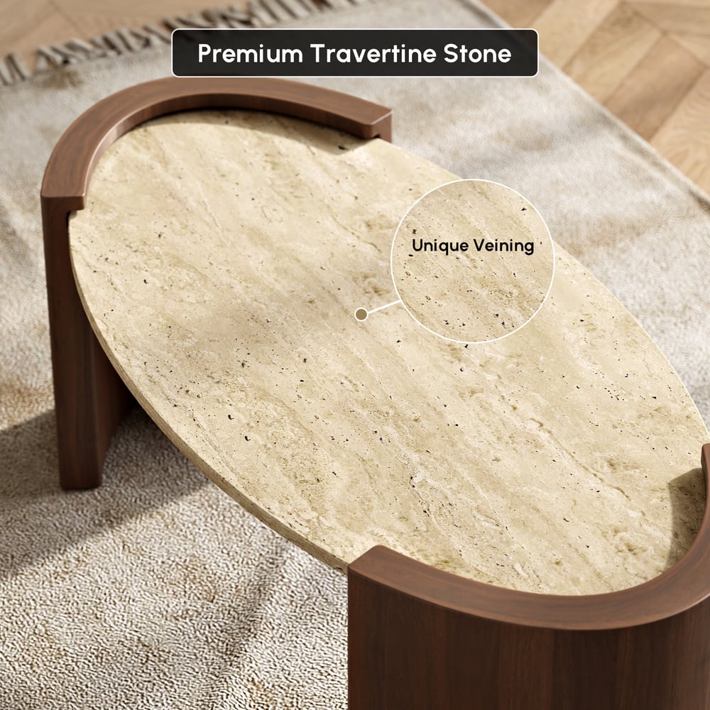 Table Basse de 43" en Pierre de Travertin Ovale Style Japandi image de fenêtre